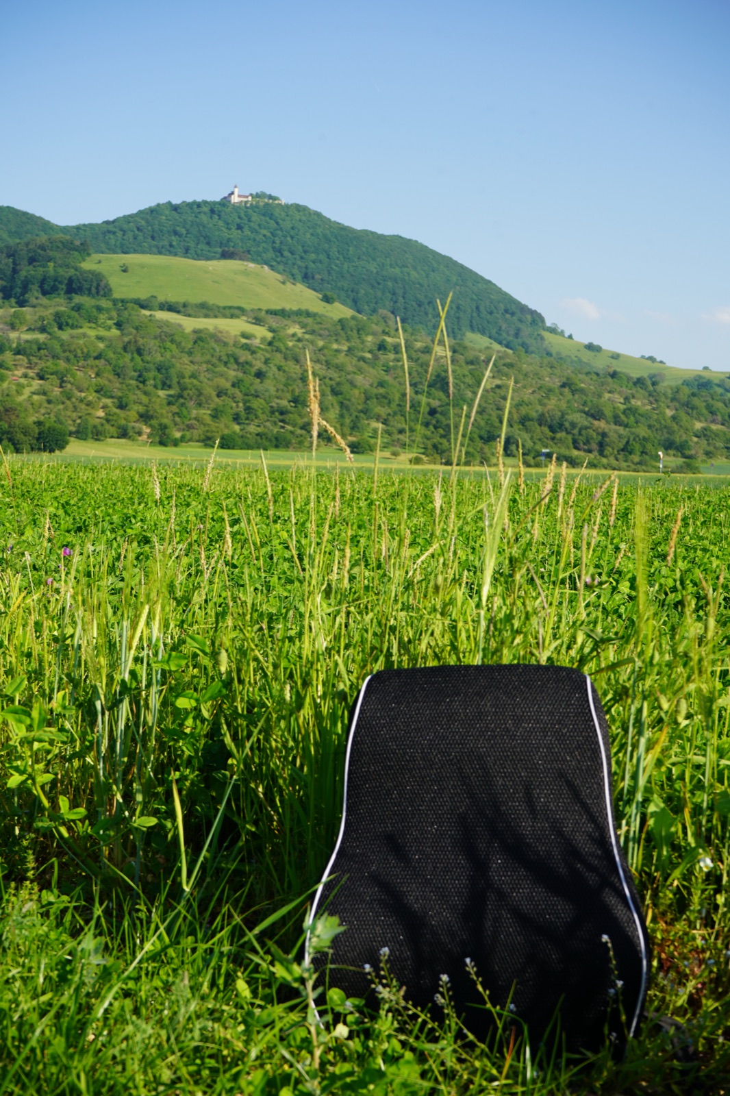Das Ventiva Rückenkissen steht aufrecht in einer Sommerwiese, im Hintergrund ein bewaldeter Hügel.