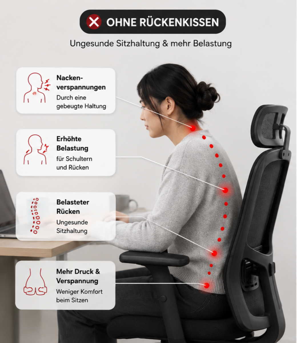 Vergleichsgrafik: Sitzhaltung ohne Rückenkissen, mit Markierungen entlang des Rückens.
